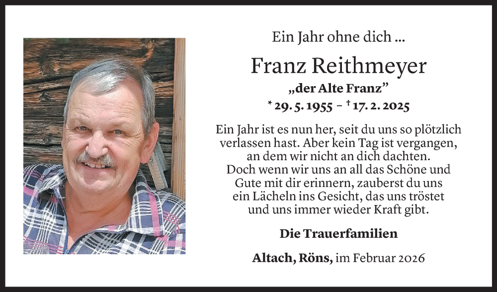  Todesanzeige für Franz Reithmeyer vom 12.02.2026 aus Vorarlberger Nachrichten