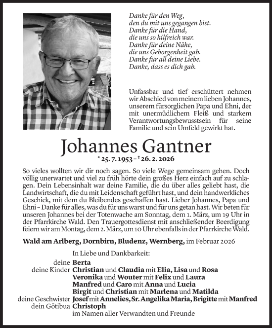 Todesanzeige von Johannes Gantner von Vorarlberger Nachrichten