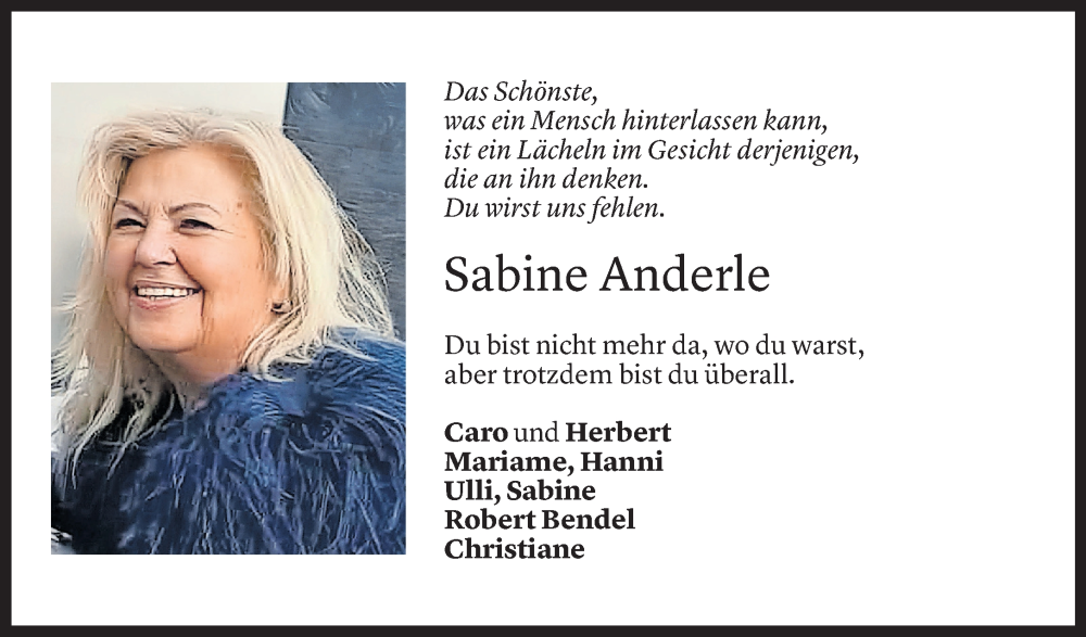  Todesanzeige für Sabine Anderle vom 06.02.2026 aus Vorarlberger Nachrichten