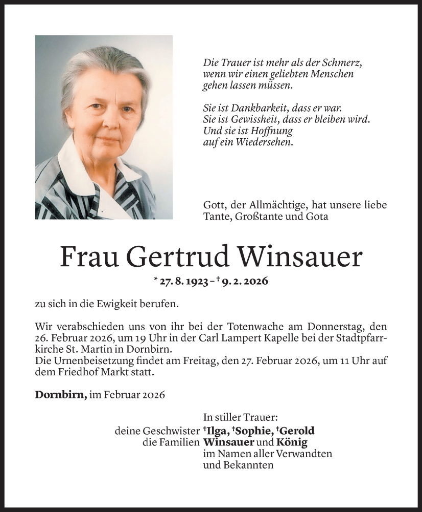  Todesanzeige für Gertrud Winsauer vom 21.02.2026 aus Vorarlberger Nachrichten