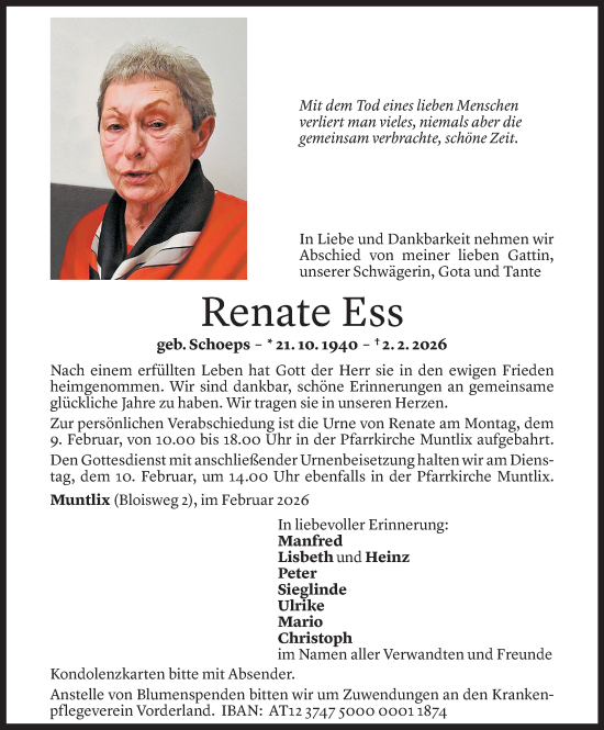 Todesanzeige von Renate Ess von Vorarlberger Nachrichten