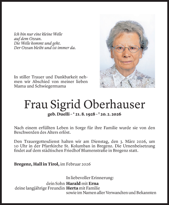 Todesanzeige von Sigrid Oberhauser von Vorarlberger Nachrichten