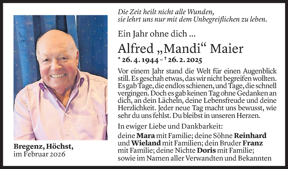  Todesanzeige für Alfred Maier vom 24.02.2026 aus Vorarlberger Nachrichten