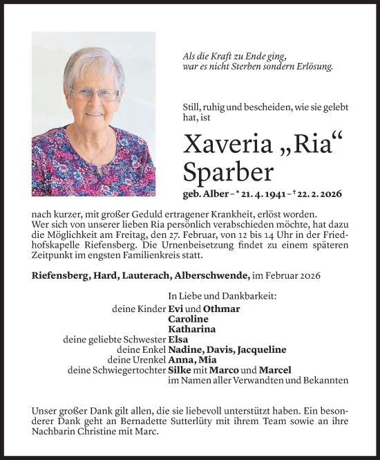 Todesanzeige von Xaveria Sparber von Vorarlberger Nachrichten