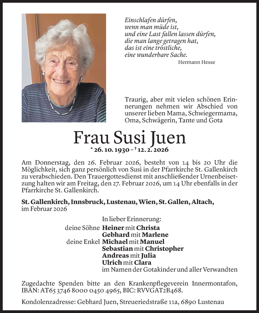  Todesanzeige für Susi Juen vom 20.02.2025 aus Vorarlberger Nachrichten