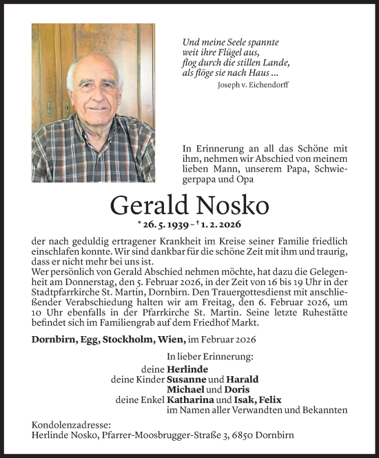 Todesanzeige von Gerald Nosko von Vorarlberger Nachrichten