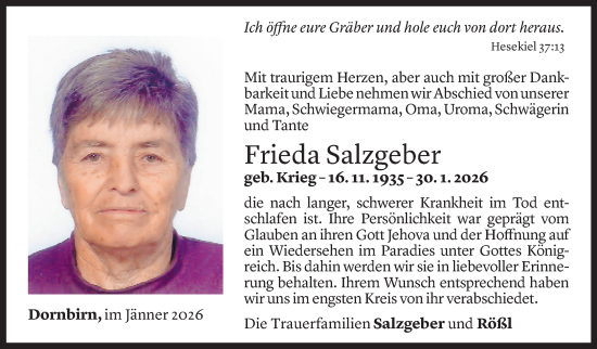 Todesanzeige von Frieda Salzgeber von Vorarlberger Nachrichten