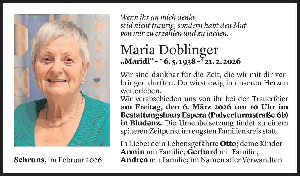  Todesanzeige für Maria Doblinger vom 26.02.2026 aus Vorarlberger Nachrichten