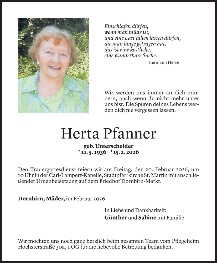  Todesanzeige für Herta Pfanner vom 18.02.2026 aus Vorarlberger Nachrichten