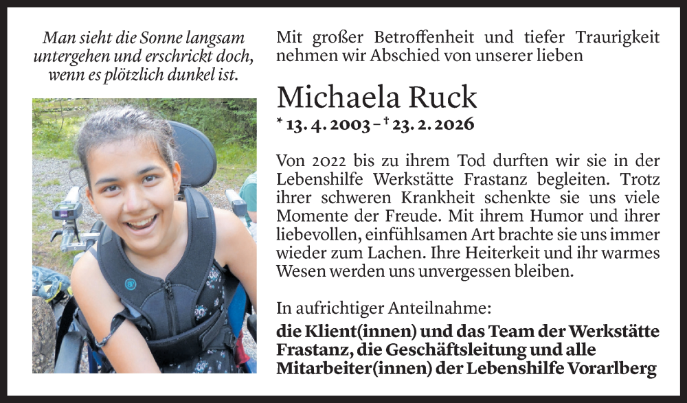  Todesanzeige für Michaela Ruck vom 26.02.2026 aus Vorarlberger Nachrichten