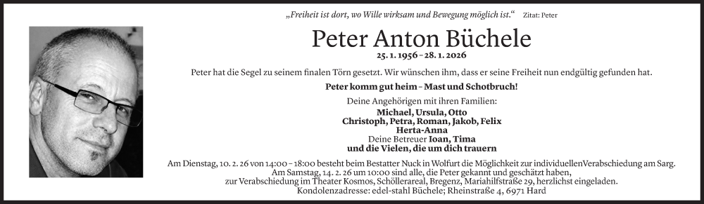  Todesanzeige für Peter Anton Büchele vom 06.02.2026 aus Vorarlberger Nachrichten