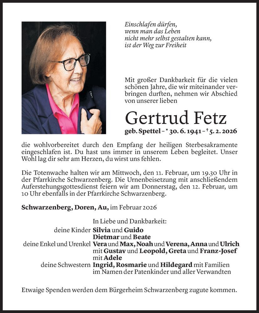  Todesanzeige für Gertrud Fetz vom 09.02.2026 aus Vorarlberger Nachrichten