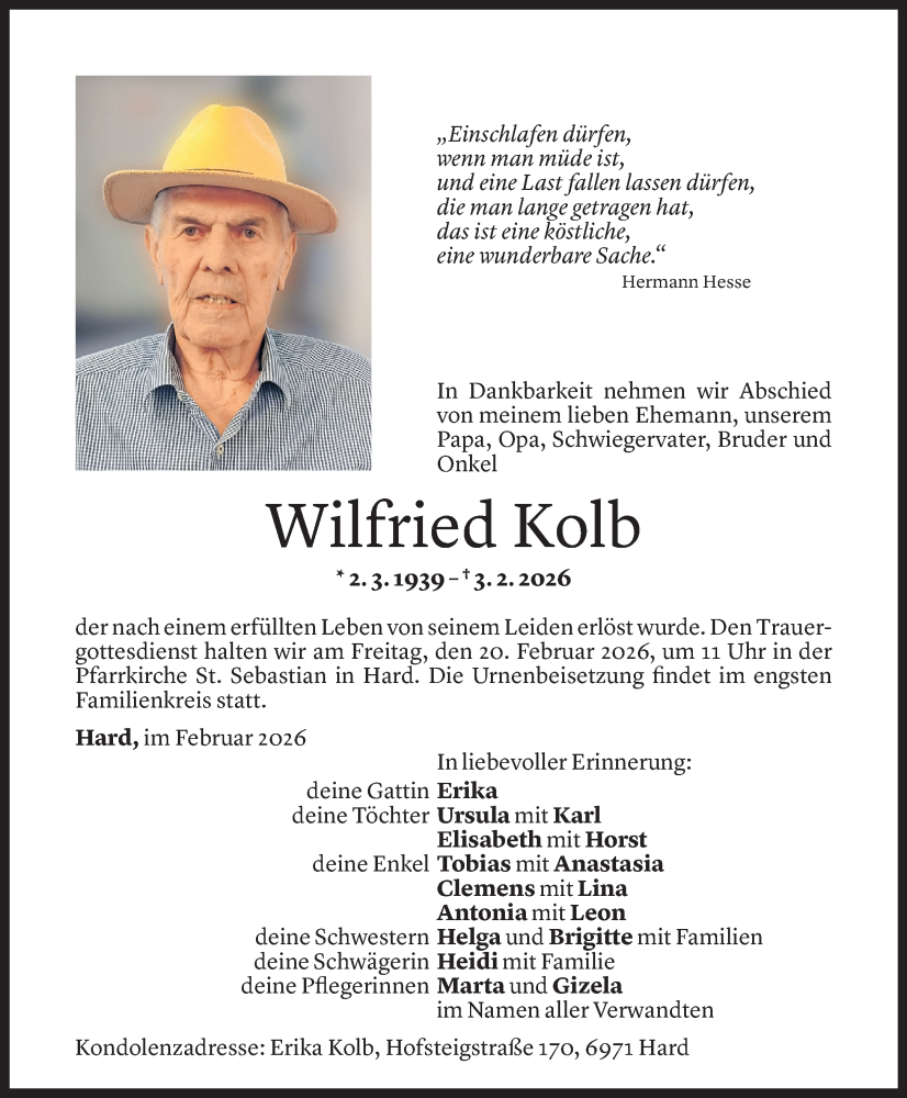  Todesanzeige für Wilfried Kolb vom 11.02.2026 aus Vorarlberger Nachrichten