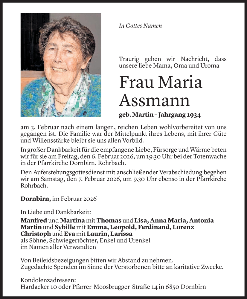  Todesanzeige für Maria Assmann vom 04.02.2026 aus Vorarlberger Nachrichten