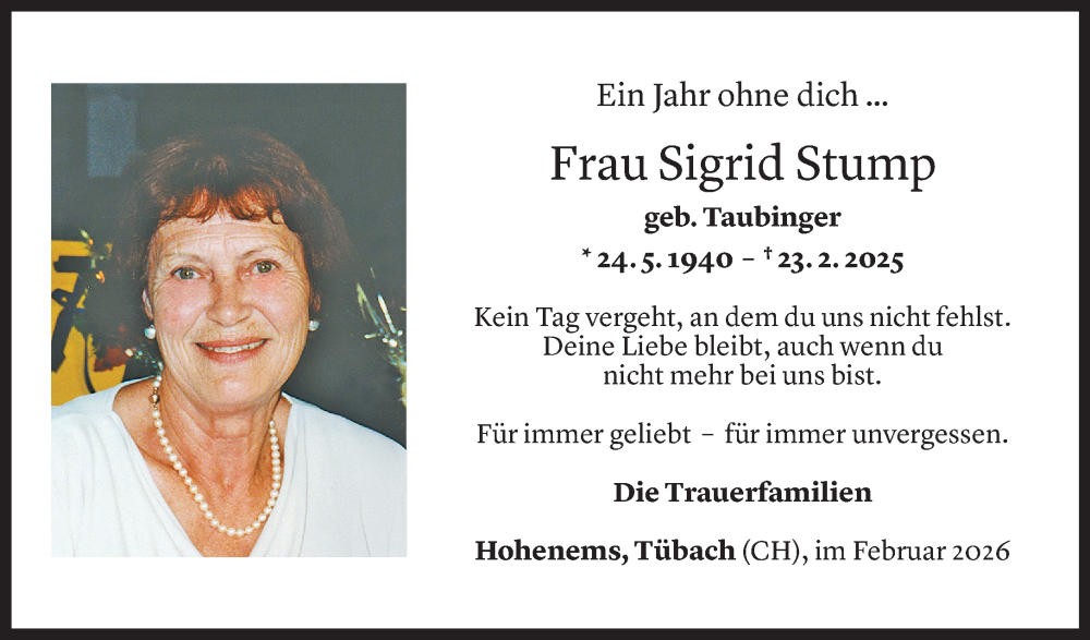  Todesanzeige für Sigrid Stump vom 23.02.2026 aus Vorarlberger Nachrichten