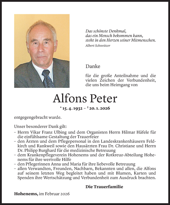 Todesanzeige von Alfons Peter von Vorarlberger Nachrichten