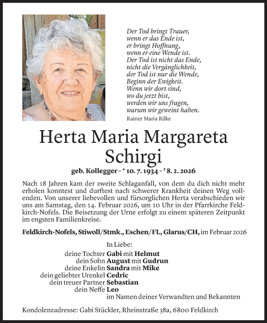 Todesanzeige von Herta Maria Margareta Schirgi von Vorarlberger Nachrichten