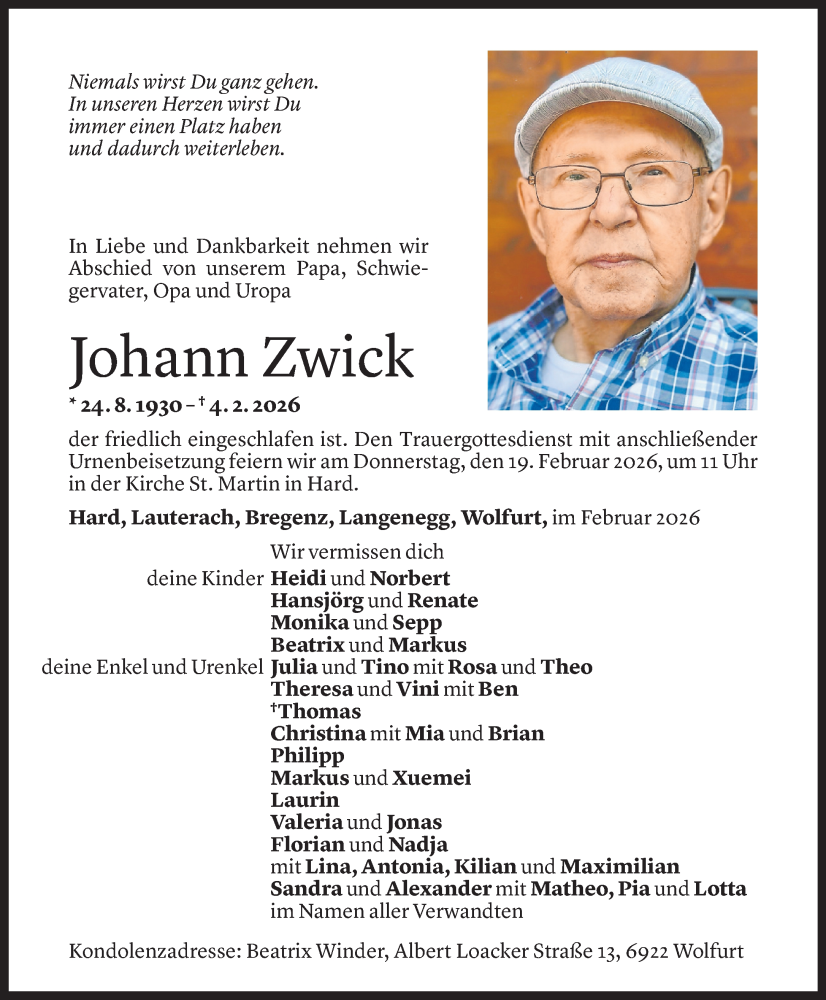  Todesanzeige für Johann Zwick vom 15.02.2026 aus Vorarlberger Nachrichten