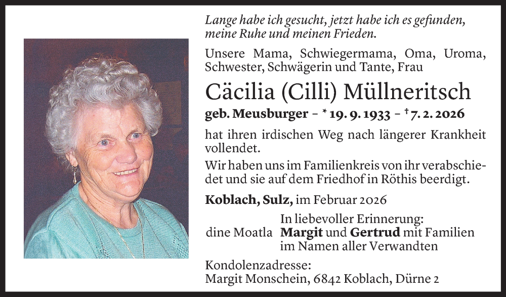  Todesanzeige für Cäcilia Müllneritsch vom 13.02.2026 aus Vorarlberger Nachrichten
