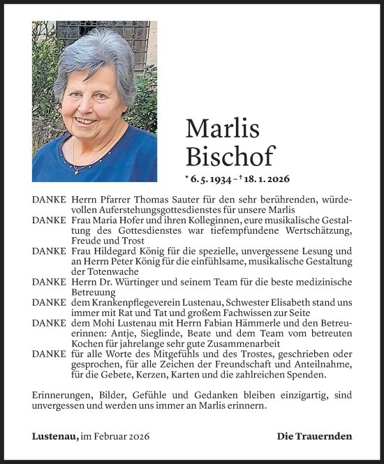 Todesanzeige von Marlis Bischof von Vorarlberger Nachrichten