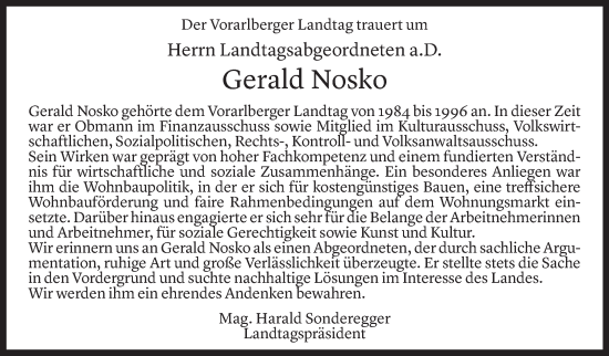 Todesanzeige von Gerald Nosko von Vorarlberger Nachrichten