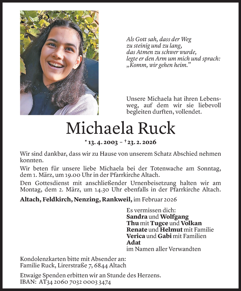  Todesanzeige für Michaela Ruck vom 26.02.2026 aus Vorarlberger Nachrichten