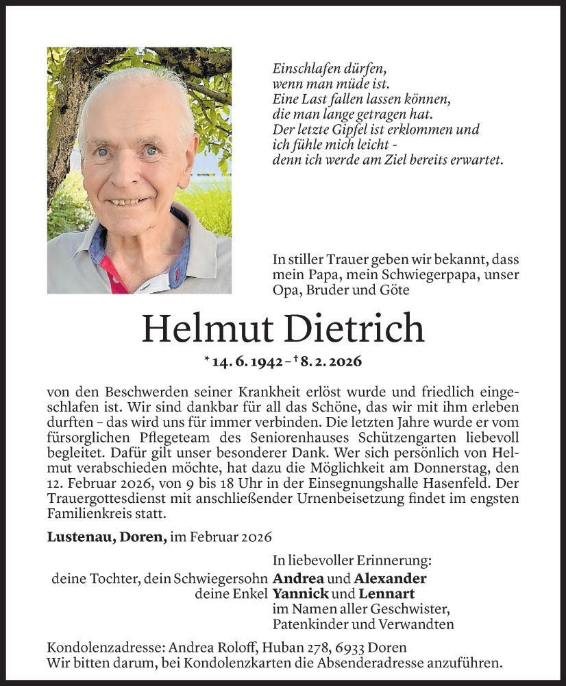  Todesanzeige für Helmut Dietrich vom 09.02.2026 aus Vorarlberger Nachrichten