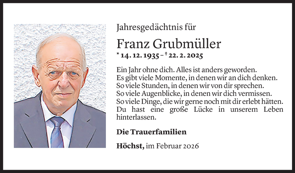  Todesanzeige für Franz Grubmüller vom 18.02.2026 aus Vorarlberger Nachrichten