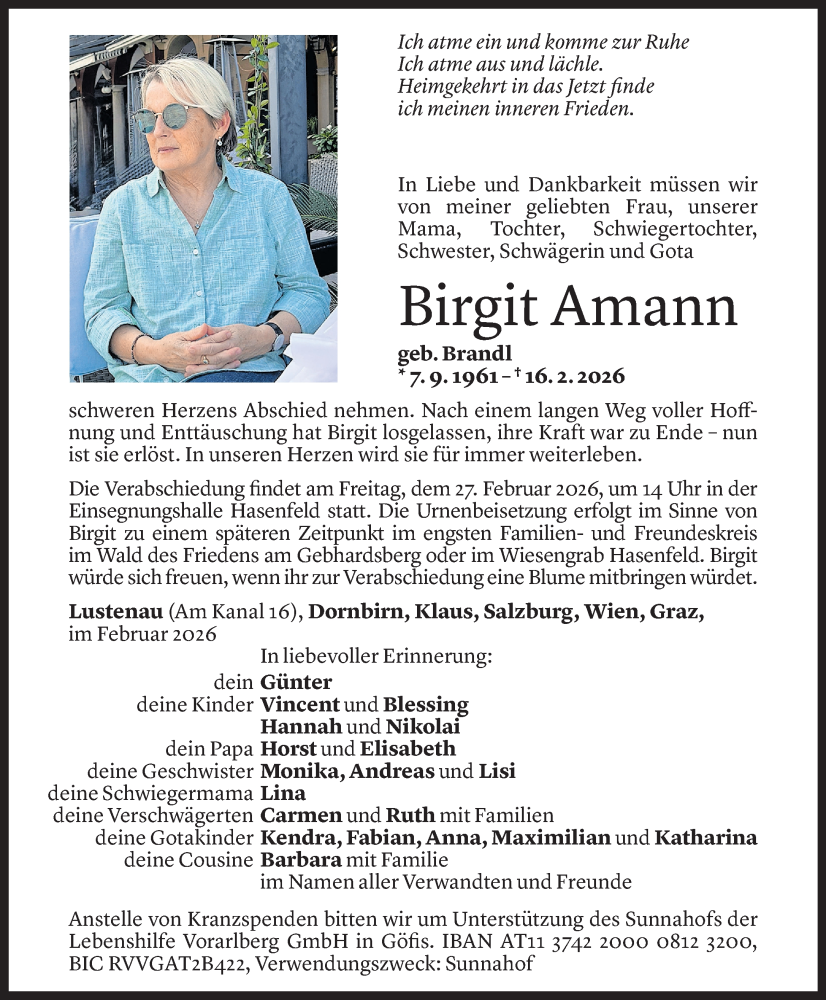  Todesanzeige für Birgit Amann vom 24.02.2026 aus Vorarlberger Nachrichten