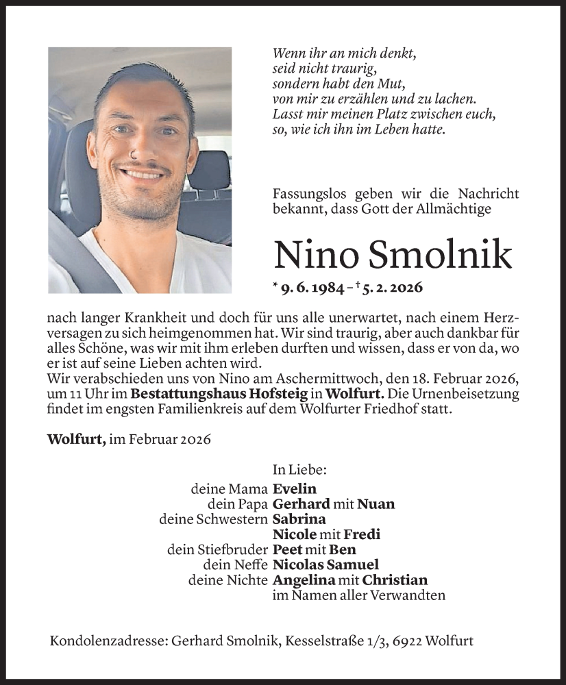  Todesanzeige für Nino Smolnik vom 10.02.2026 aus Vorarlberger Nachrichten