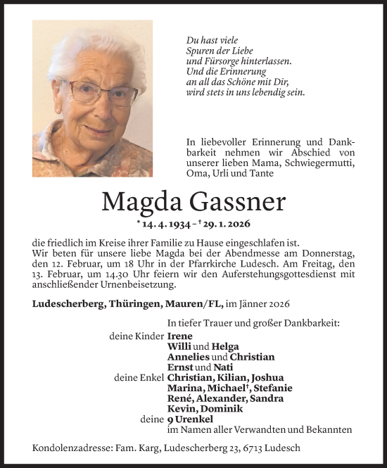 Todesanzeige von Magdalena Gassner von Vorarlberger Nachrichten