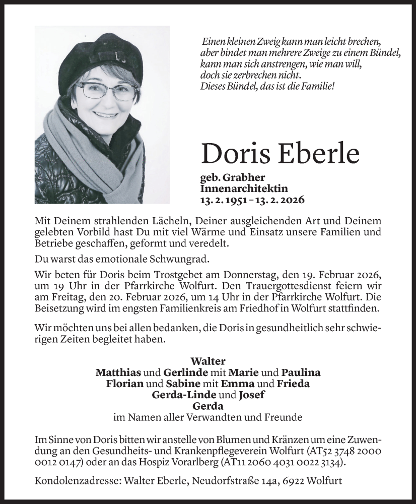  Todesanzeige für Doris Eberle vom 17.02.2026 aus Vorarlberger Nachrichten