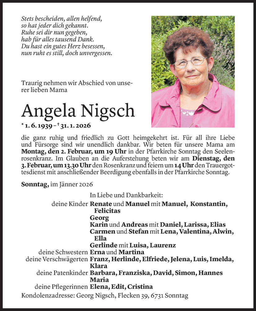  Todesanzeige für Angela Nigsch vom 01.02.2026 aus vn