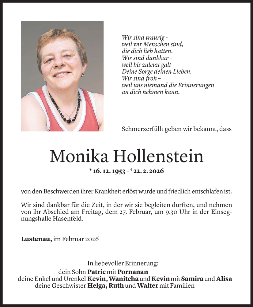  Todesanzeige für Monika Hollenstein vom 24.02.2026 aus Vorarlberger Nachrichten