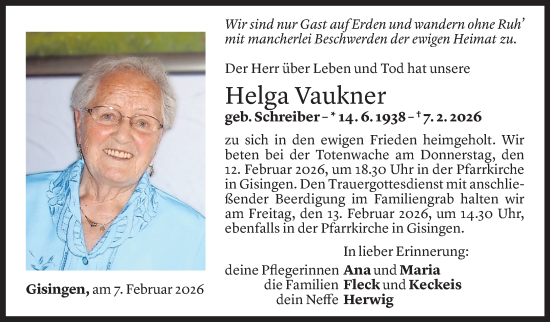 Todesanzeige von Helga Vaukner von Vorarlberger Nachrichten