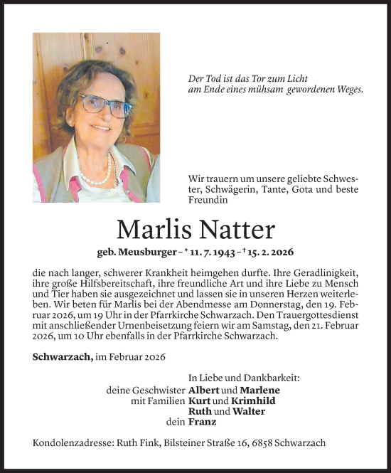 Todesanzeige von Marlis Natter von Vorarlberger Nachrichten