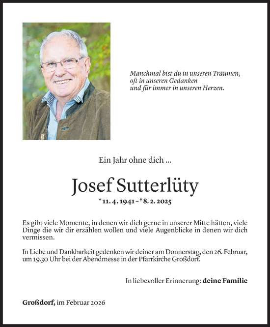 Todesanzeige von Josef Sutterlüty von Vorarlberger Nachrichten