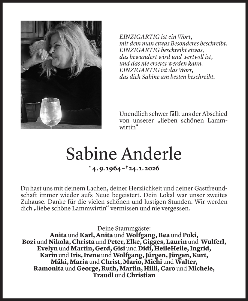  Todesanzeige für Sabine Anderle vom 06.02.2026 aus Vorarlberger Nachrichten