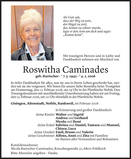 Todesanzeige von Roswitha Caminades von Vorarlberger Nachrichten