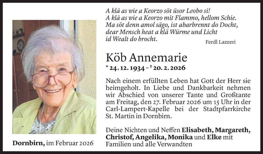  Todesanzeige für Annemarie Köb vom 22.02.2026 aus vn