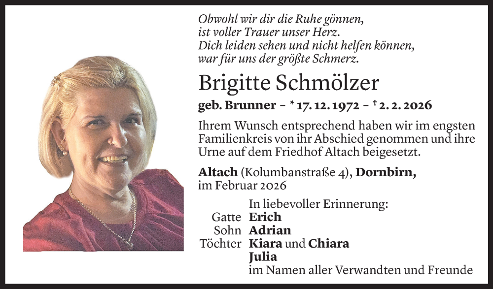  Todesanzeige für Brigitte Schmölzer vom 10.02.2026 aus Vorarlberger Nachrichten