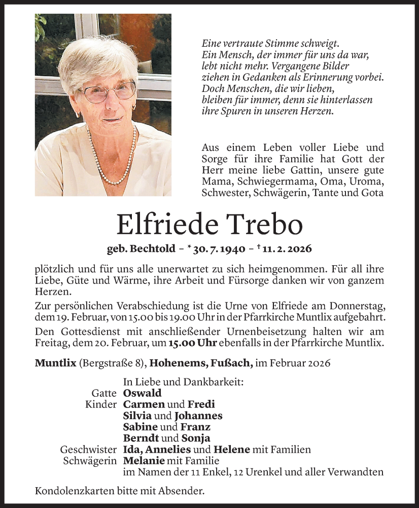  Todesanzeige für Elfriede Trebo vom 16.02.2026 aus Vorarlberger Nachrichten