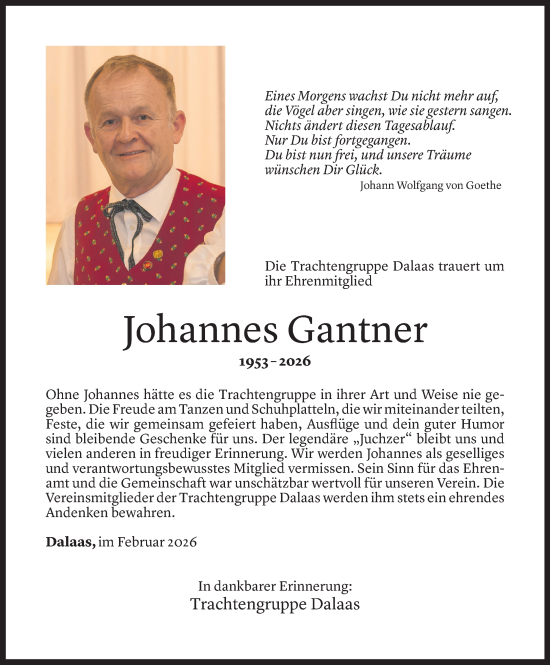 Todesanzeige von Johannes Gantner von Vorarlberger Nachrichten