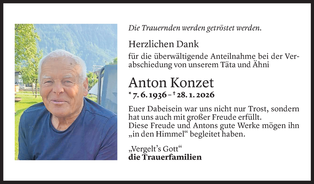  Todesanzeige für Anton Konzet vom 17.02.2026 aus Vorarlberger Nachrichten