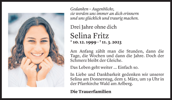 Todesanzeige von Selina Fritz von Vorarlberger Nachrichten