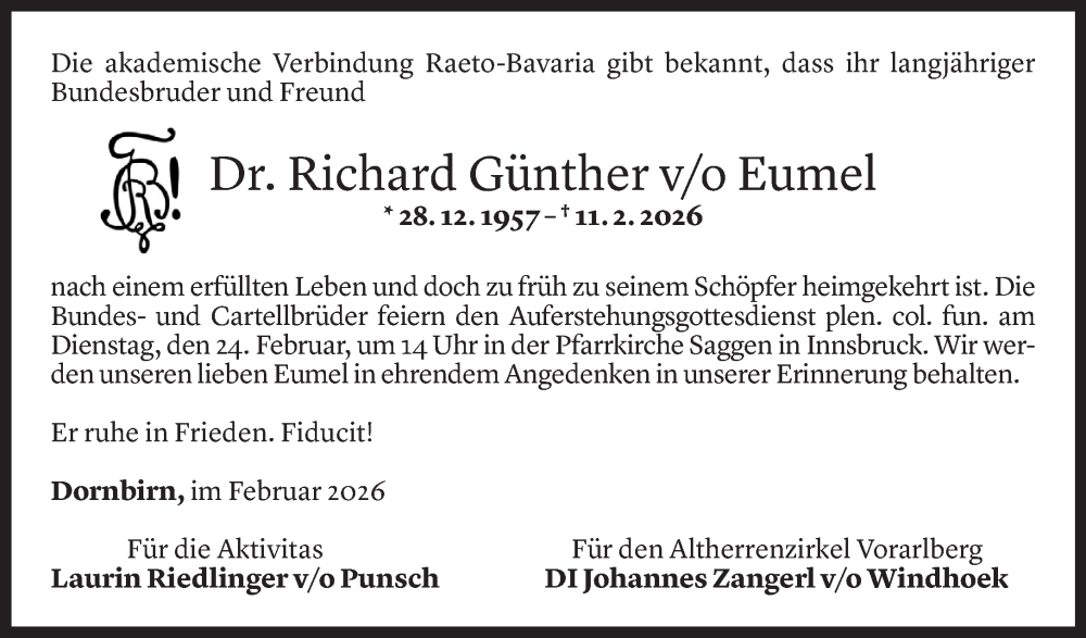  Todesanzeige für Richard Günther vom 21.02.2026 aus Vorarlberger Nachrichten