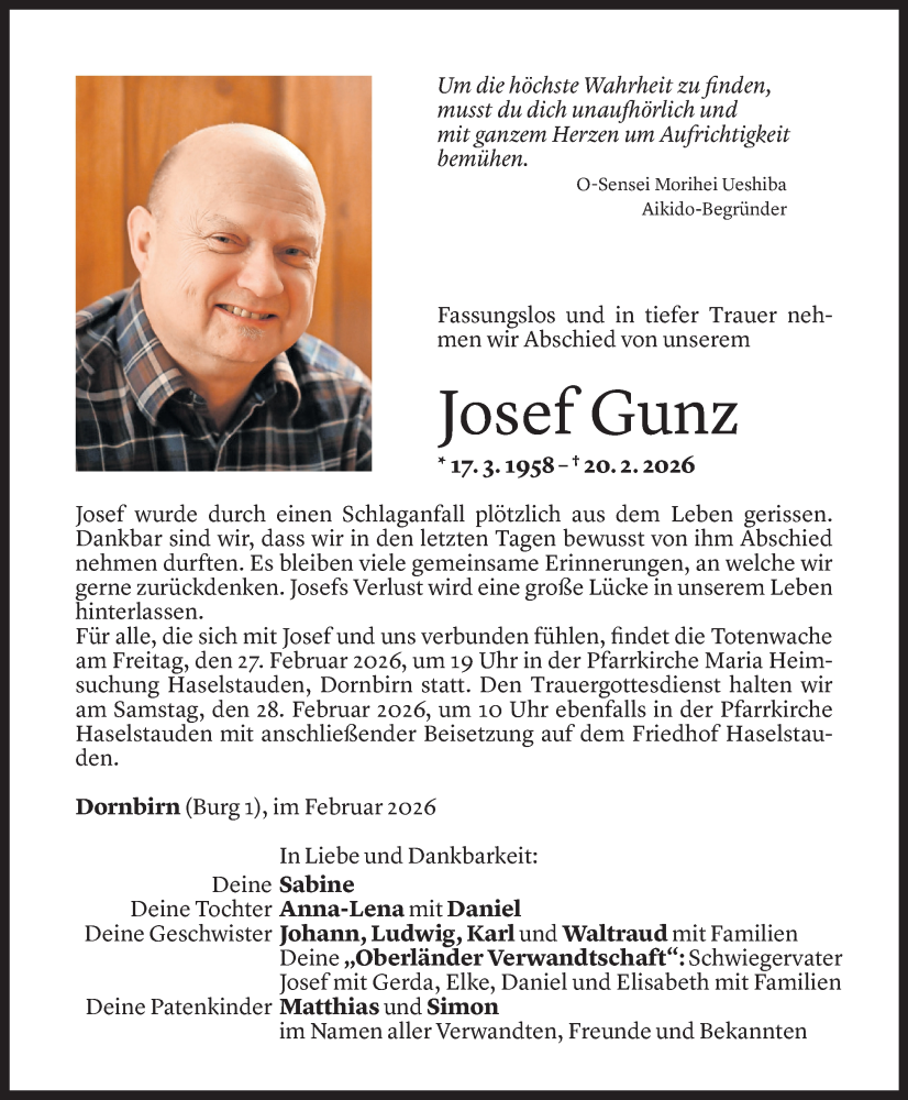  Todesanzeige für Josef Gunz vom 23.02.2026 aus Vorarlberger Nachrichten