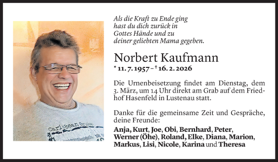 Todesanzeige von Norbert Kaufmann von Vorarlberger Nachrichten