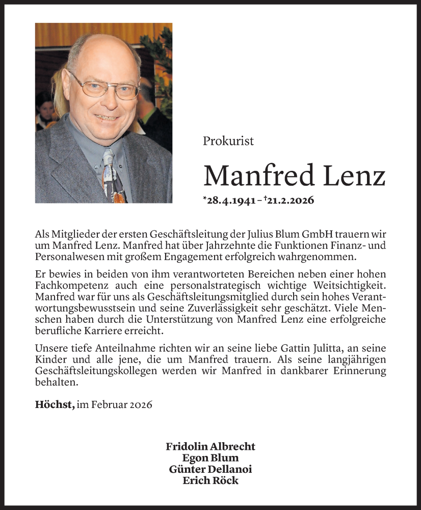  Todesanzeige für Manfred Lenz vom 24.02.2026 aus Vorarlberger Nachrichten