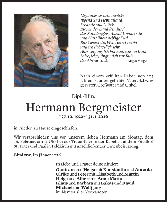 Todesanzeige von Hermann Bergmeister von Vorarlberger Nachrichten